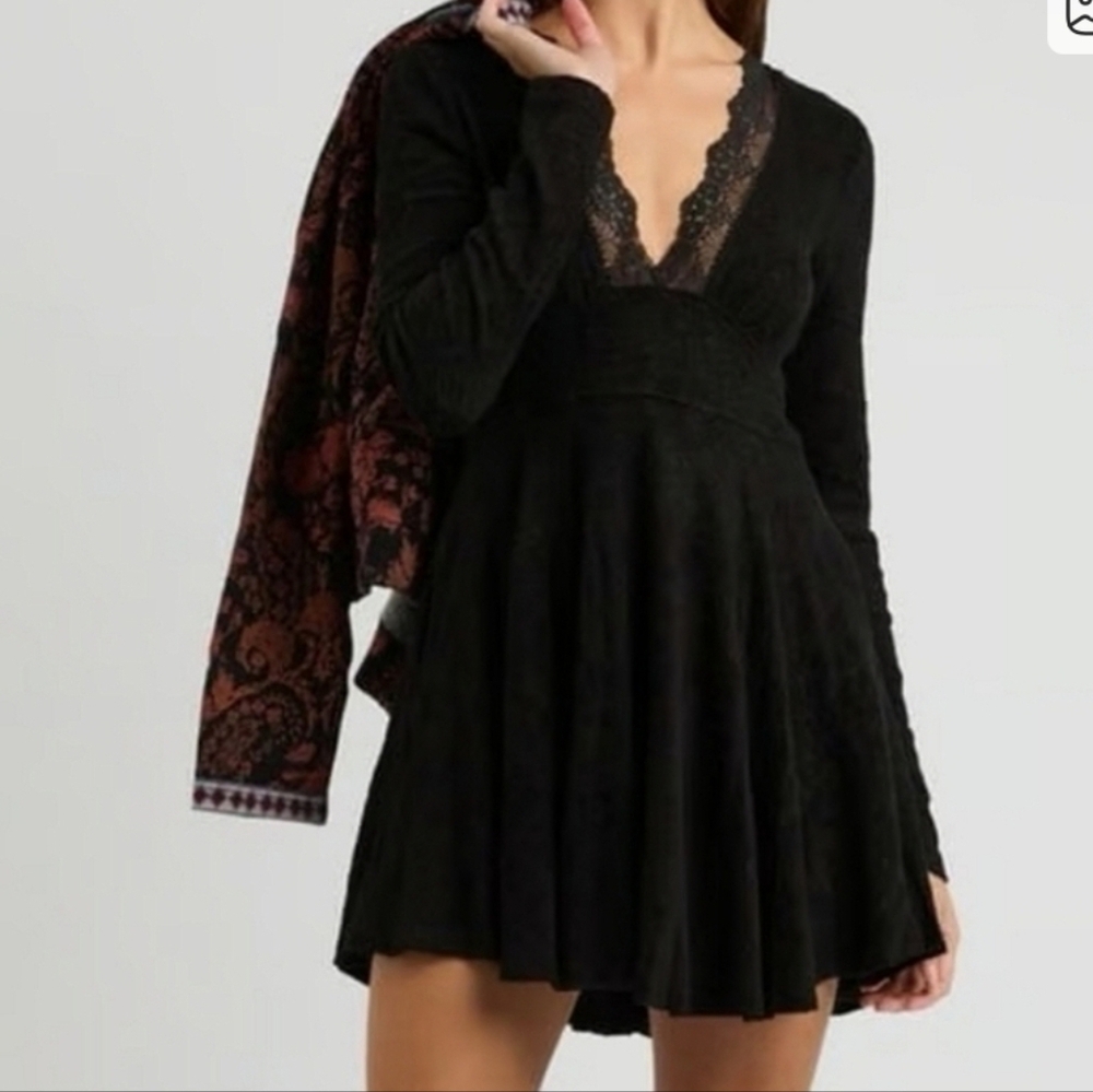 Free People All Yours Boucle Knit Chenille Black Lace Mini Dress S